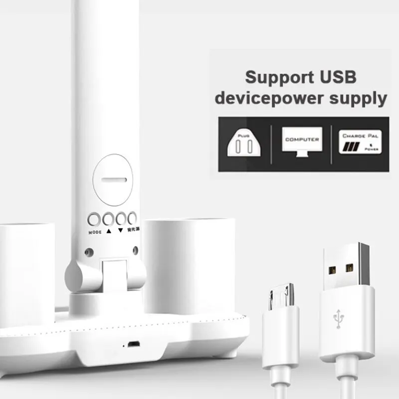 LED-Tischlampe, doppelköpfig, über USB aufladbar, dimmbar, Schreibtischlampe mit Kalender, Uhr, faltbar, Augenschutz, Lese-Nachtlicht