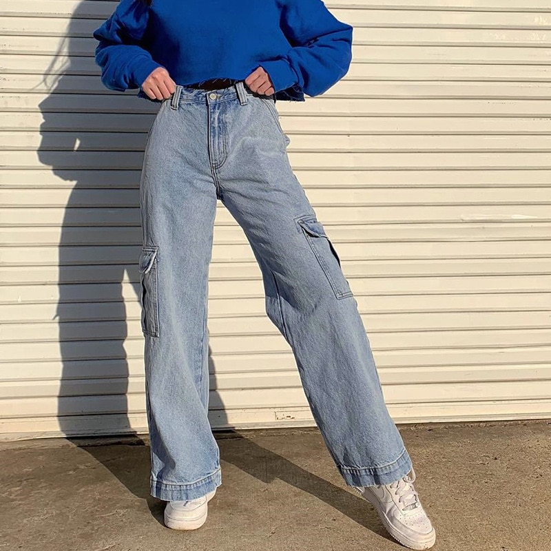 Yyxz lente herfst schattige losse grote zakken sml 3 kleuren hoge taille vrouw casual katoenen denim broek dames jeans broek