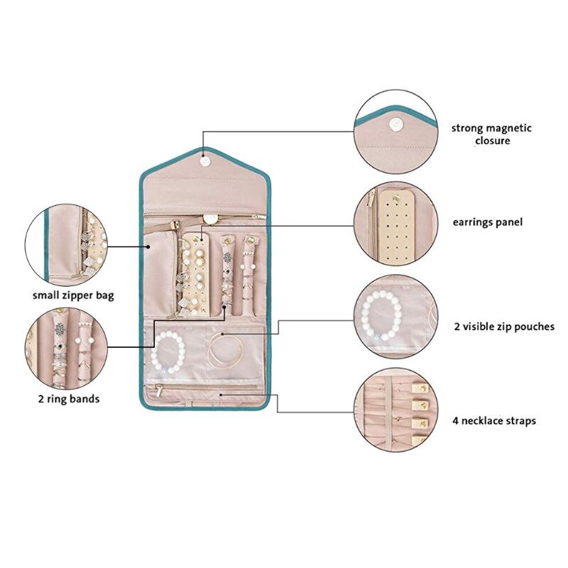 Travel Jewelry Organizer Roll Foldable Jewelry Case for Journey Earrings / Rings / Diamond / Necklaces / Bracelets / Brooches