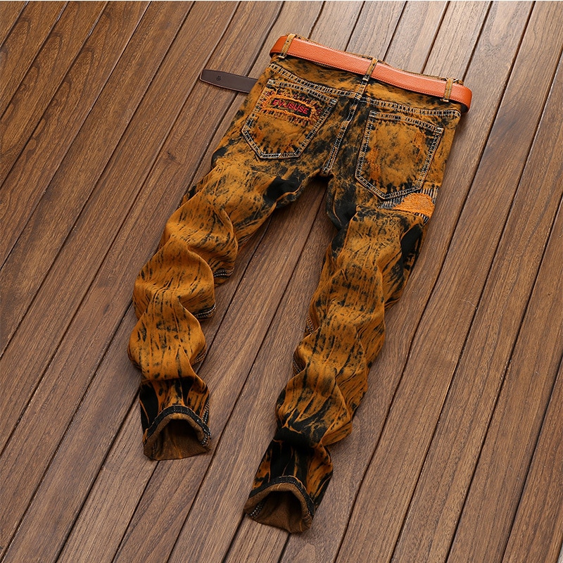 Heren jeans met gatenpatch, bedrukte gescheurde denim broek voor heren, herfst heren hiphop patchwork jeans broeken