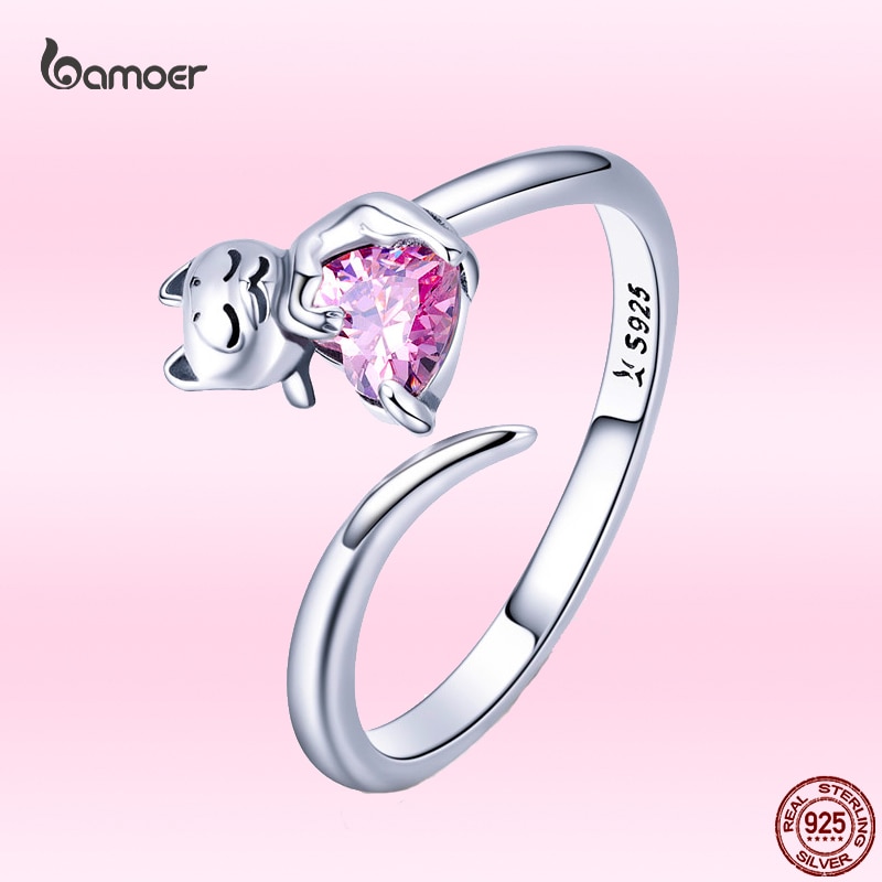 Bamoer anello in argento rosa gatto carino per ragazza Clear CZ anello in argento Sterling 925 a forma di cuore regalo squisito per gioielli da festa regolabile