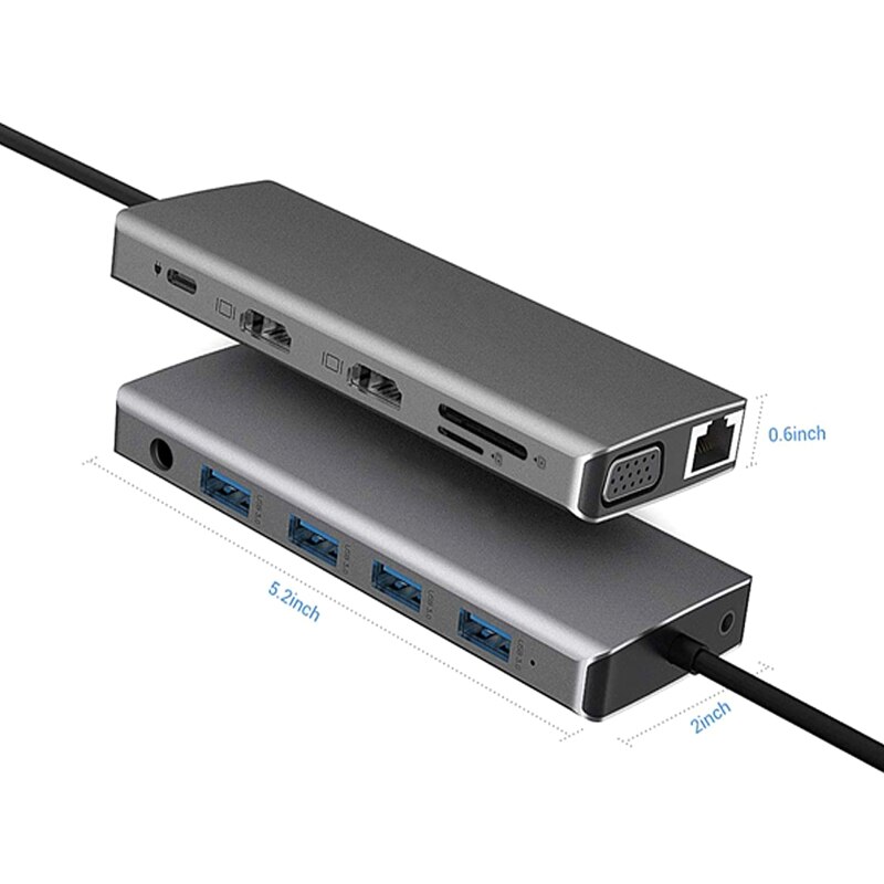 12 in usb type c dockingstation met dubbele 4k hdmi usb 3.0 usb 2.0 pd oplaad 3.5mm  rj45 aansluiting 1 dubbele tf/sd kaartsleuf usb