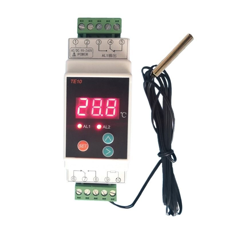 Ac90 ~ 260v -40 ~ 110 ℃ din skinne termostat med sensor 2 -vejs relæ udgang temperatur alarm controller ingen nc fælles udgang 7a/250 vac