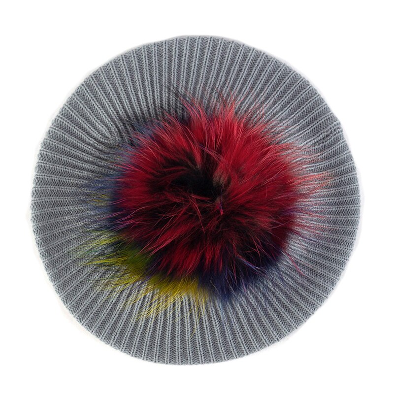 Vrouwen & # 39;s Gebreide Elegante Baretten Zacht Met Echte Pompom Vrouwelijke Kunstenaar Mode Retro Hoeden Dame Effen Kleur Franse Eenvoud Caps: Zilver