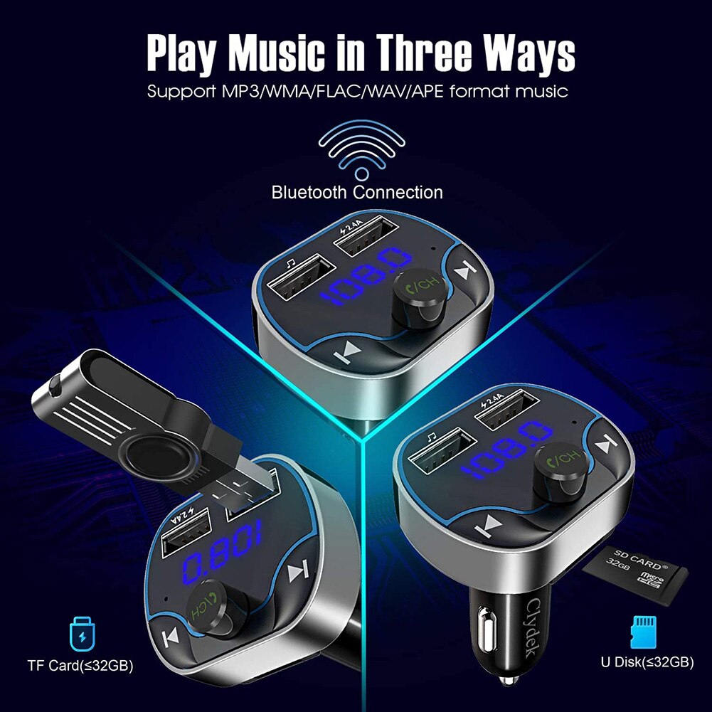 Bluetooth V5.0 3 Modes de lecture de musique, appel mains libres, 2 double Ports USB, transmetteur FM MP3, chargeur USB écran LED