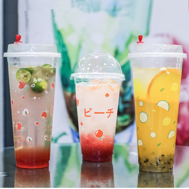 50pcs 90 caliber 500ml transparent cold drink cup fruit lemon peach pattern disposable juice plastic cups with lid
