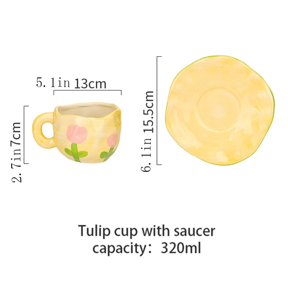 Tasse d'art en céramique avec soucoupe, tasse à eau en céramique avec pince à main, tasse à café, ensemble de tasse à jus de lait pour le petit déjeuner,: Tulip set