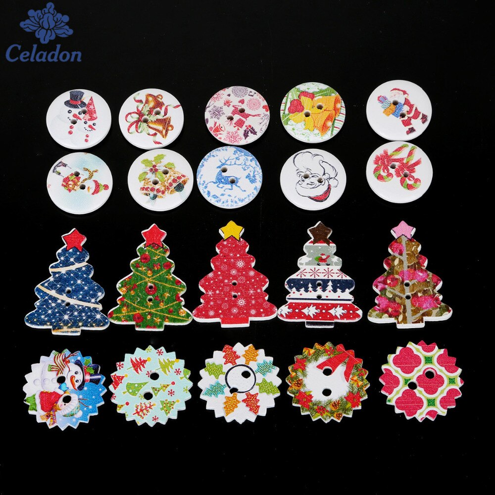 Botones decorativos de madera con patrón de árbol de Navidad, accesorio de , mezclado al azar, para álbum de recortes, costura, decoración, manualidades, 50 Uds.