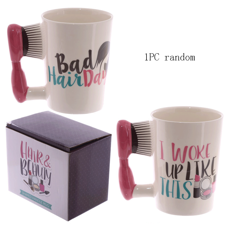 Couples Hand Painted Ceramic Mugs Girl Tools Beauty Kit Handle Tea Coffee Mug Hair Dryer Brush Handle Mug Tea Cup: hair brush