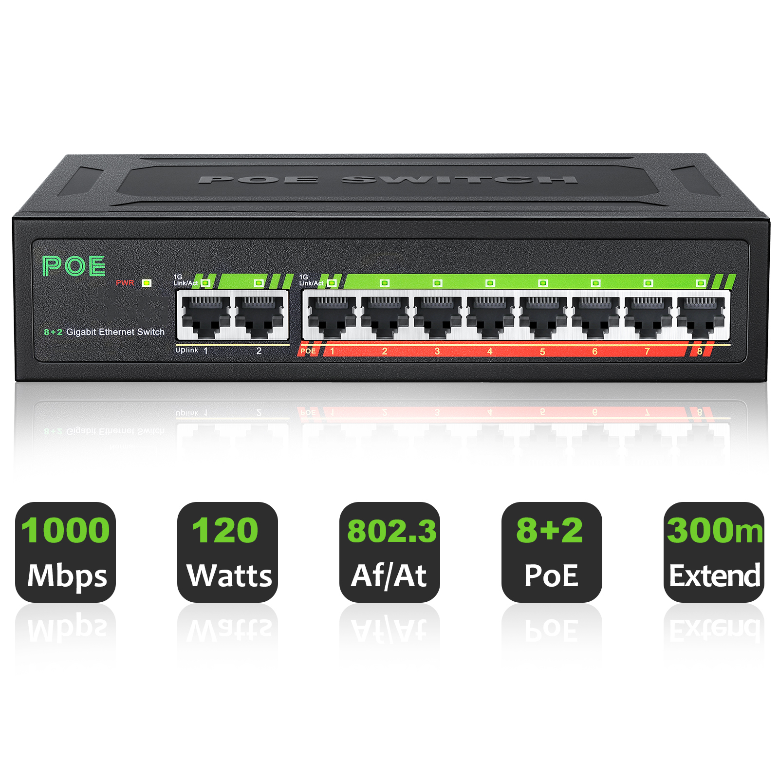 Switch Ethernet Gigabit de 10 Portas com POE, Switch de Rede 1000Mbps com Splitter Ethernet 802.3af/at para Roteador Wifi