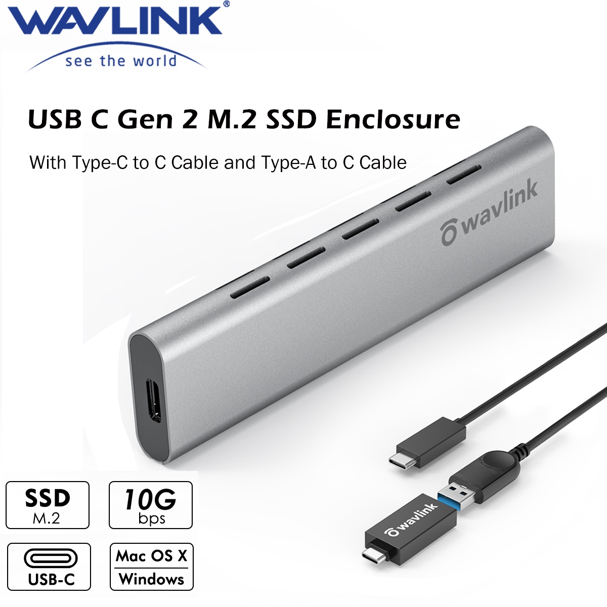 WAVLINK USB C M.2 obudowa do zewnętrzny dysk twardy SATA NGFF SSD USB 3.1 Gen 2 10 gb/s obsługuje SATA NGFF SSD klucz B + M lub B interfejsy