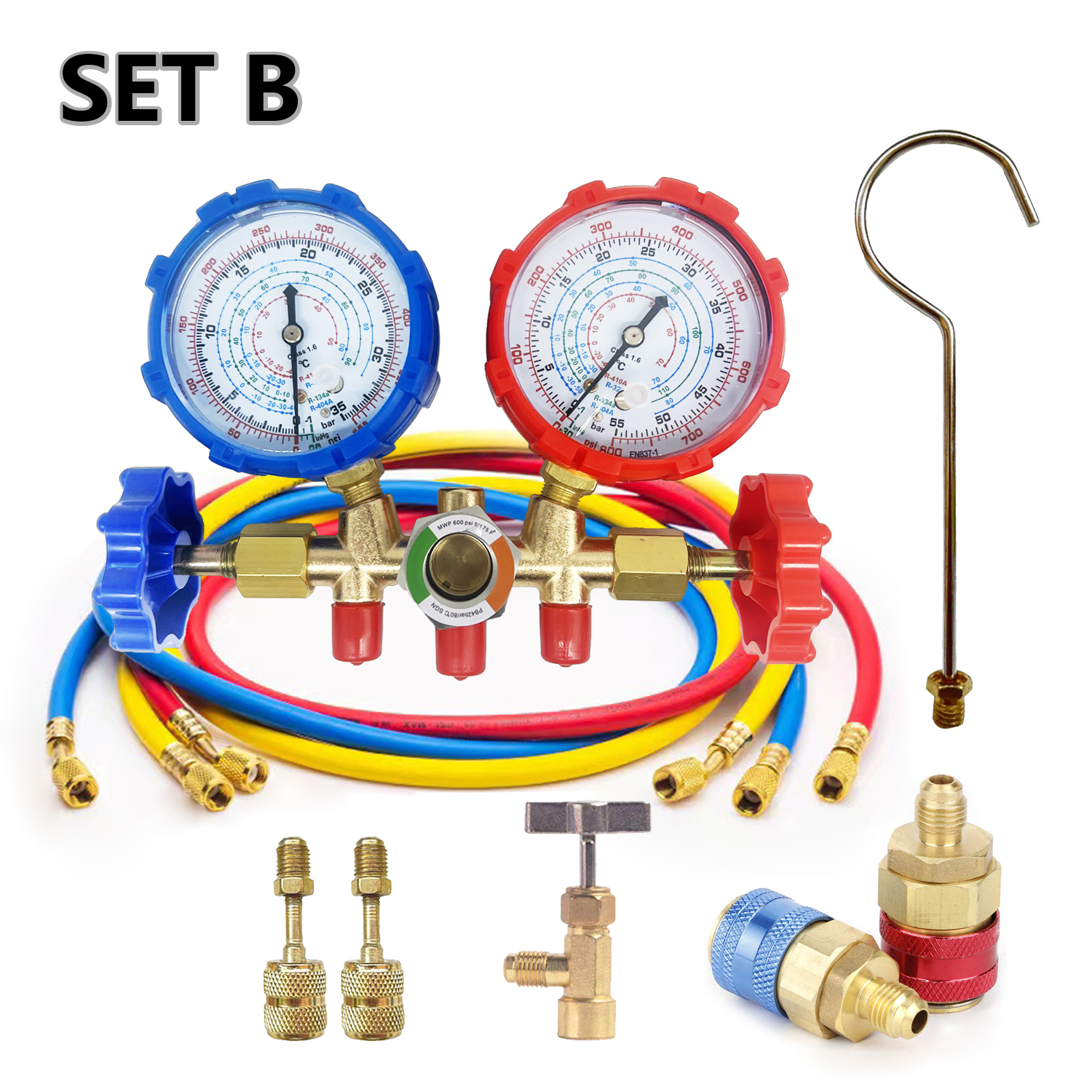Air Conditioning Pressure Gauge with Hose and Hook 3 Way AC Diagnostic Manifold Gauge Set for Freon For R12 R32 R404A R134a: WHITE