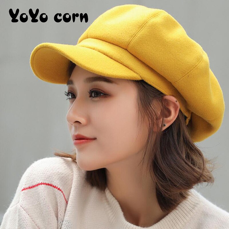 Newsboy-boina de pintor para mujer, gorro retro de estilo británico, color sólido octogonal, gruesa, cálida, visera, Otoño e Invierno