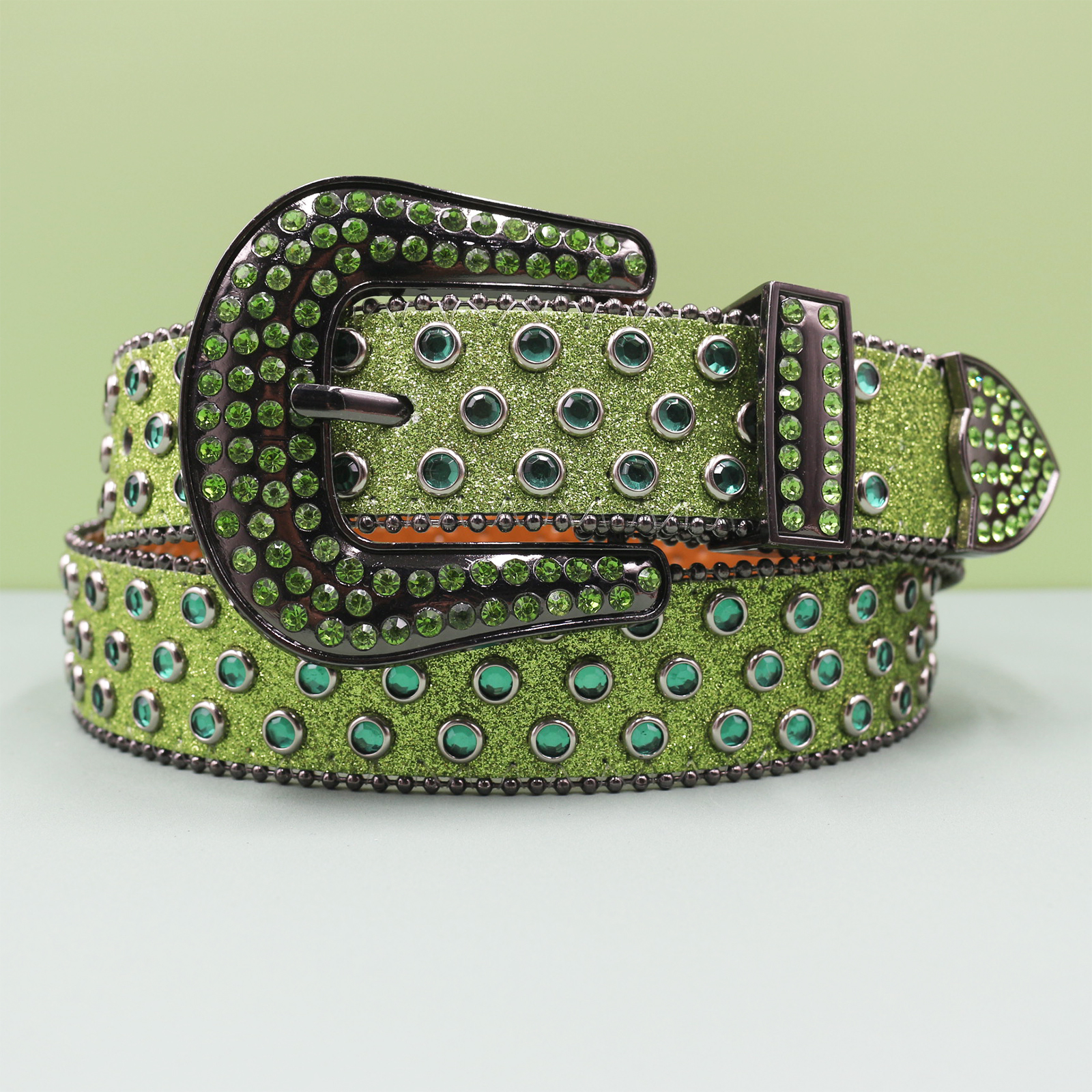 Ceinture en jean pour hommes et femmes, grande taille, en Denim occidental, à rivets brillants, en cuir, Style HipHop Punk Rock Y2K: green / 125 cm