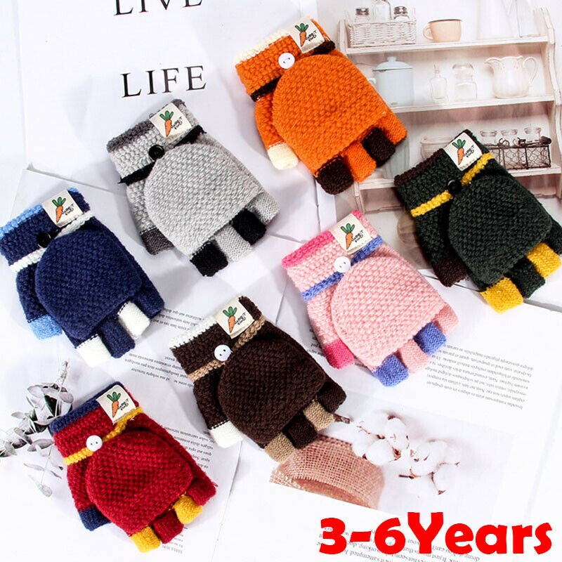 Baby Unisex Warm Gloves Kids Boys Girls Winter gloves Half Finger Flip Cover Knitting Mittens 3-6Years