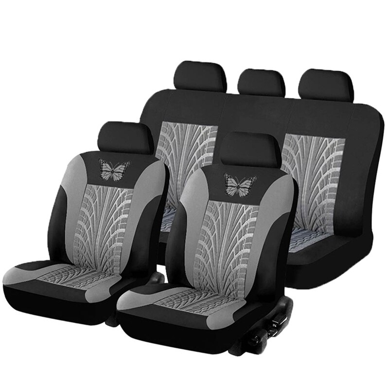 Car Seat Cover Set Butterfly-Pattern Universal Car Seat Cover Full Set Auto Seat Cover Car Styling Interior Accessories: Gray 9pcs