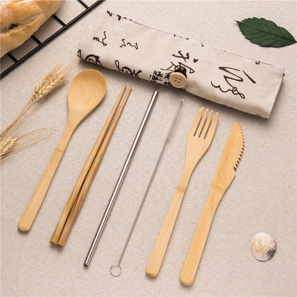 7pcs Reizen Bestek Hout Draagbare Servies Set Houten Bestek Sets Reizen Serviesje Pak Milieu met Doek Bag: 7pcs set009