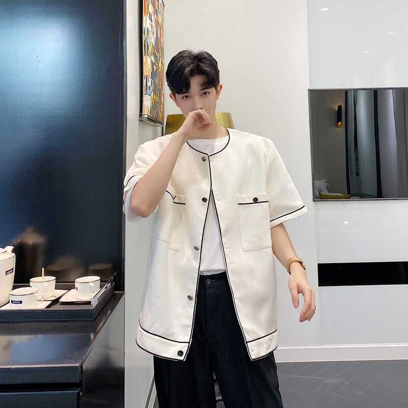 EWQ, ropa de hombre, camisa blanca sin cuello, camisa de manga corta de verano para hombre, ropa de calle , nuevas camisetas de gran tamaño, combina con todo 9Y2788