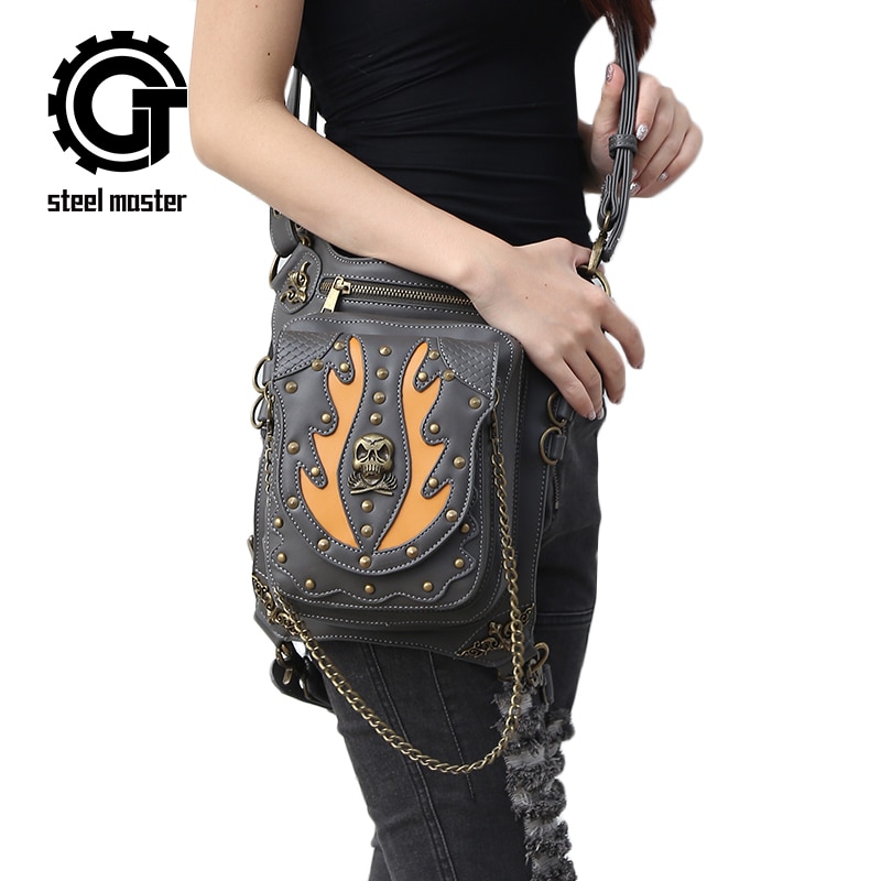 Staal Master Steampunk Mannen Vrouwen Taille Zakken Vintage Messenger Bag Mode Pu Leer Zwart Schoudertassen Reizen Punk Taille Packs