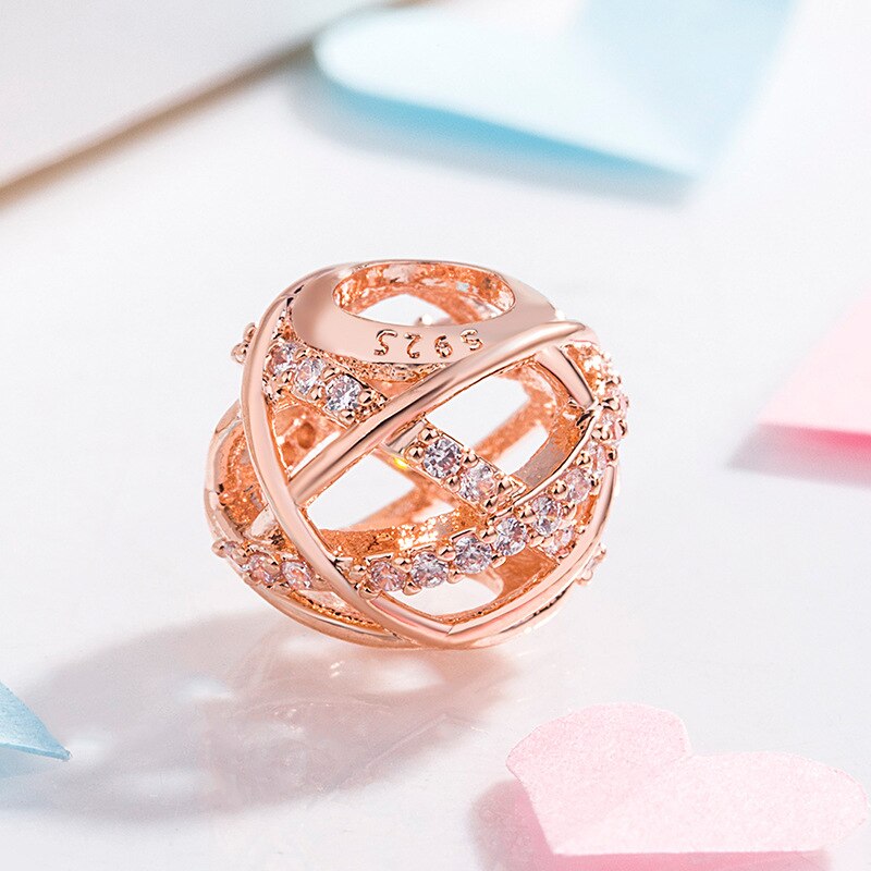 Genuine 925 Sterling Silver Bead Charm Openwork Rose Galaxy With Crystal Beads Fit Women Pan Bracelet & Necklace Diy Jewelr