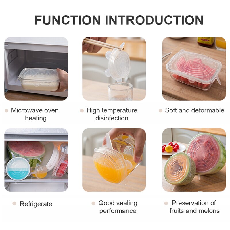 6 Piece Kitchen Retractable Silicone Cover Microwave Oven Cover Universal Food Preservation Refrigerator Cookware Reusable