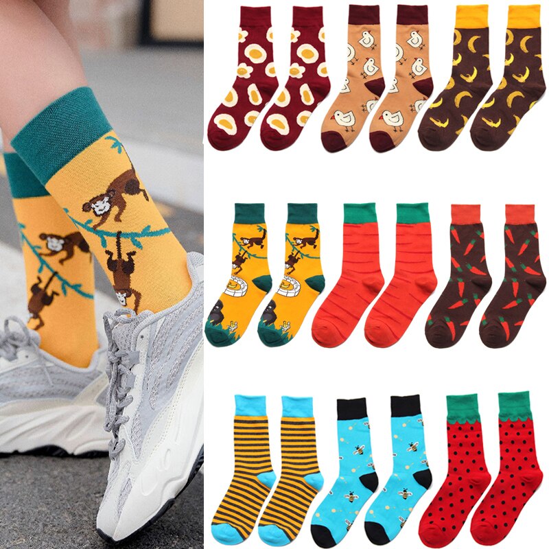 Heren en dames katoenen grappige sokken cartoon fruit banaan watermeloen aardbei omelet patroon sokken unisex