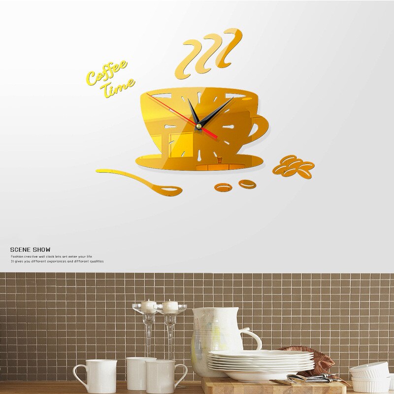 DIY 3D Wall Clock Acrylic Coffee Cup Teapot Decorative Kitchen Wall Clock Living Room Wall Stickers Home Decor Clocks: Gold