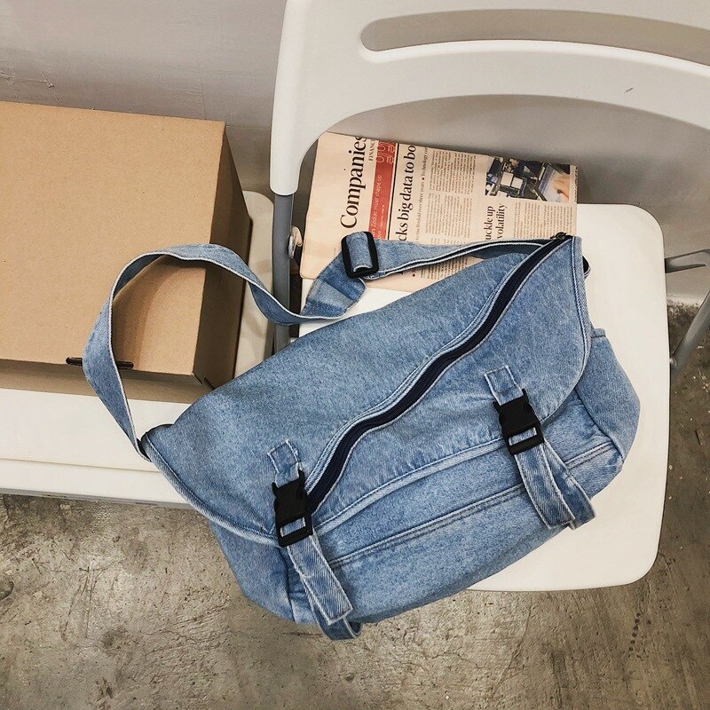 Denim dame- og #39 ;s skuldertasker stor kapacitet messenger bag jeans dame håndtasker afslappet stor rejsetaske blå hobos: Lyseblå