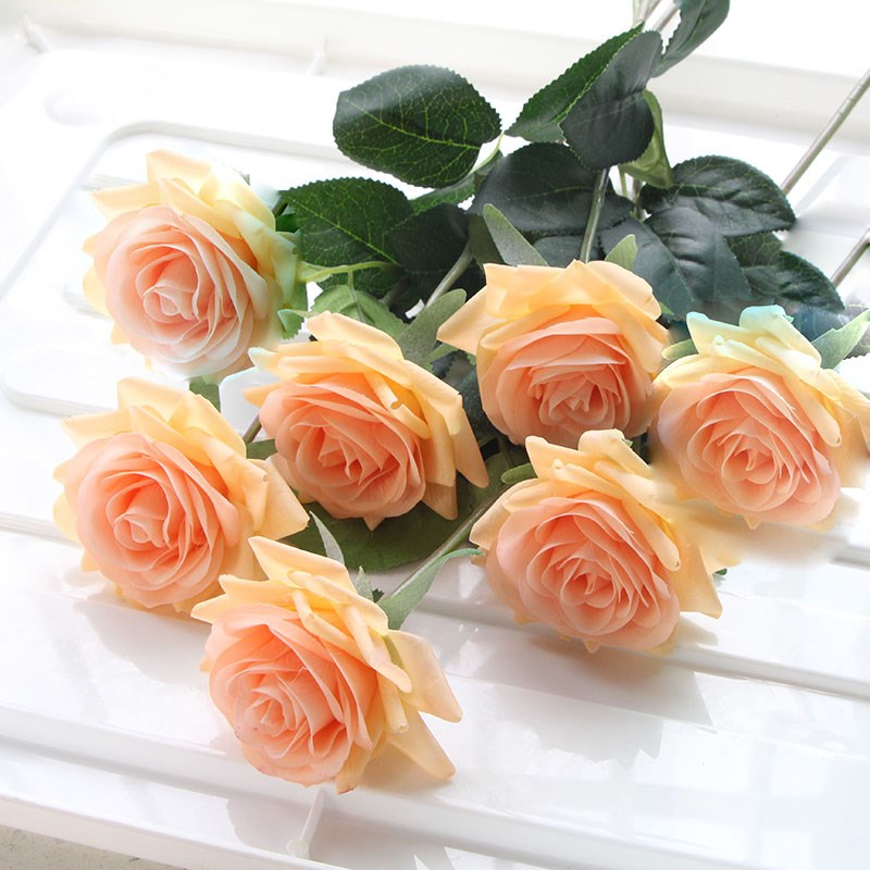 7 Uds. De rosas artificiales, flores de seda de tacto Real para el hogar, mesa de boda, ramo, decoración de: Oro