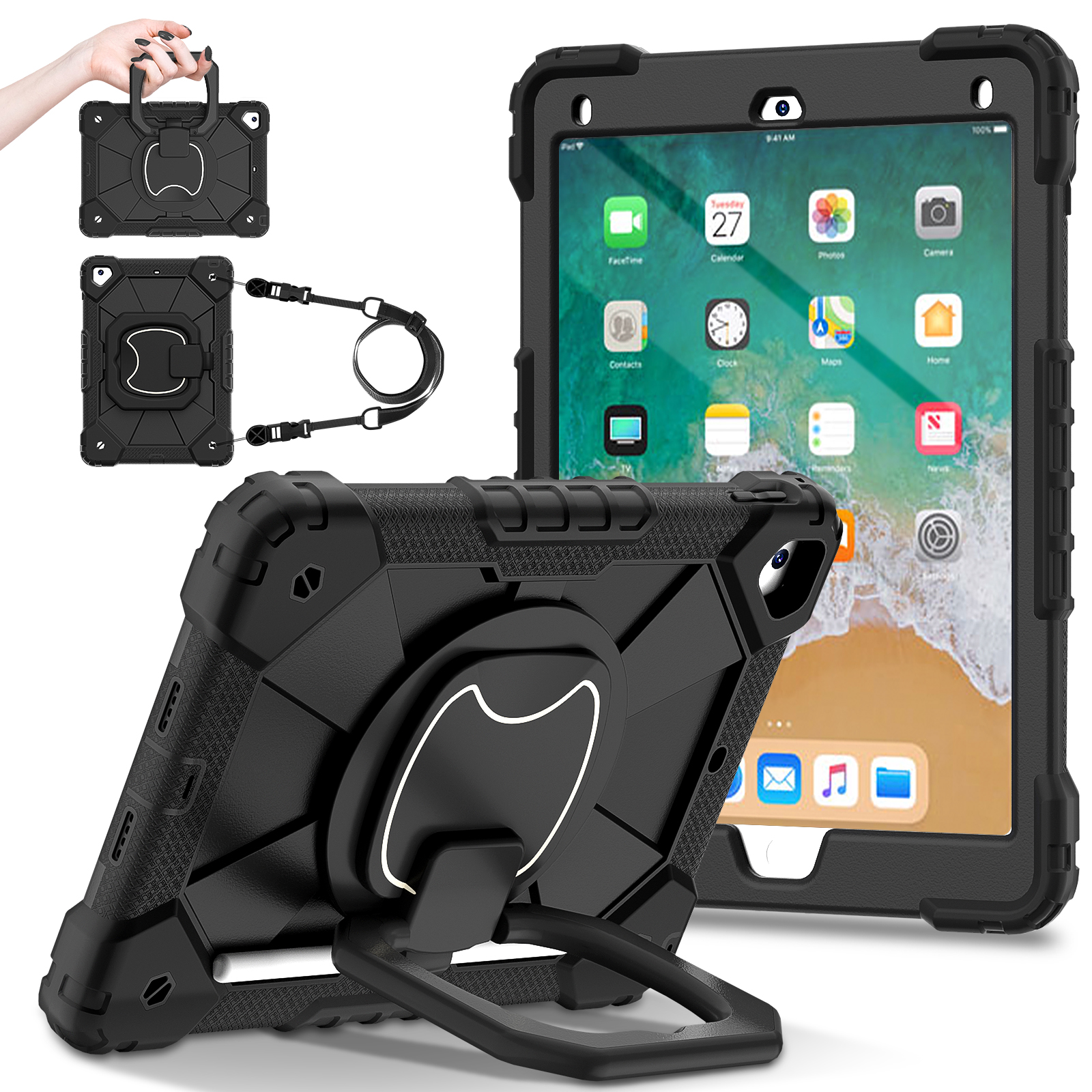 Roterande kraftigt fodral för ipad 5 6 7 air 1 2 pro 9.7 5th 6th gen stativskydd med handtag och axelrem: Tretton / Grön