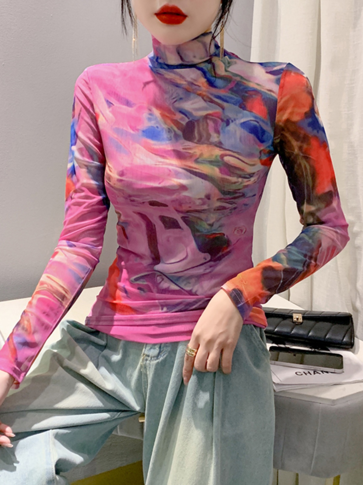 Size S-4XL Women's Long Sleeve Turtleneck Mesh T-shirt Women's Positioning Flower TShirts Female High Stretch Slim Top