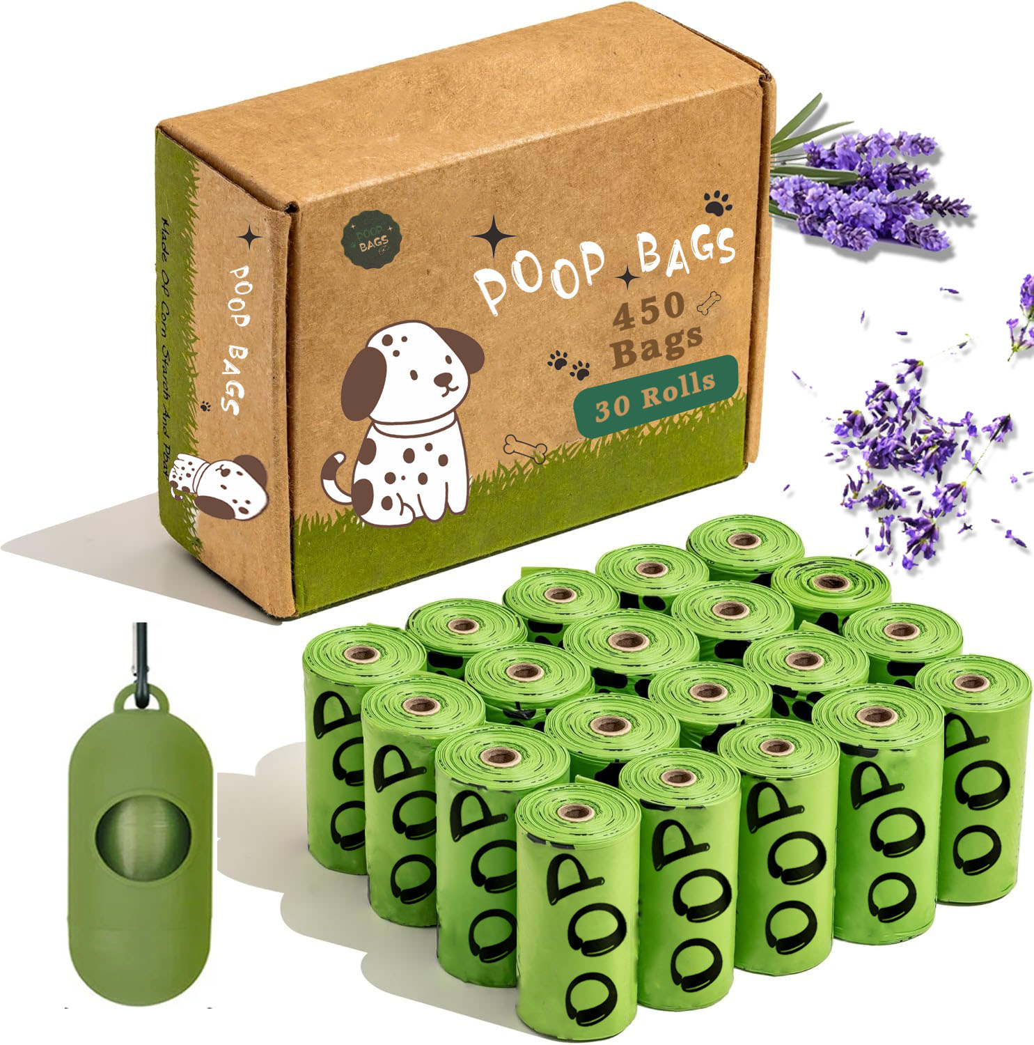 Bolsas para excrementos de perro biodegradables EPI, bolsas para excrementos de mascotas perfumadas con lavanda con soporte, bolsas para excrementos de perro a prueba de fugas Extra gruesas con dispensador