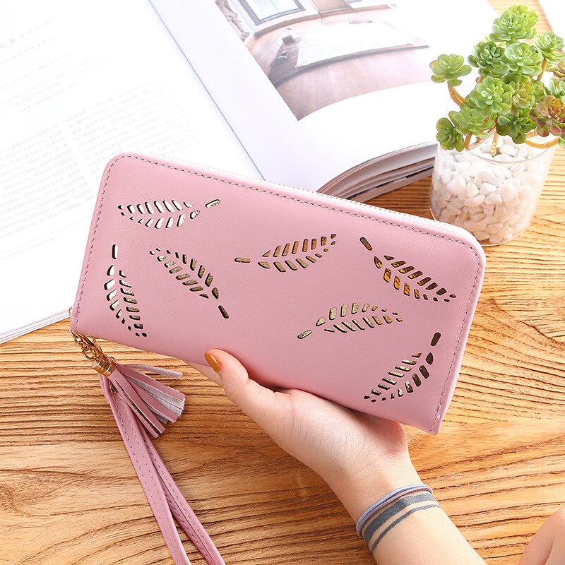 Women Wallet Luxury Leather Wallets For Women Long Zipper Coin Purses Credit Card Hollow Leaves Pouch Handbag Lady Holders Bags: 3