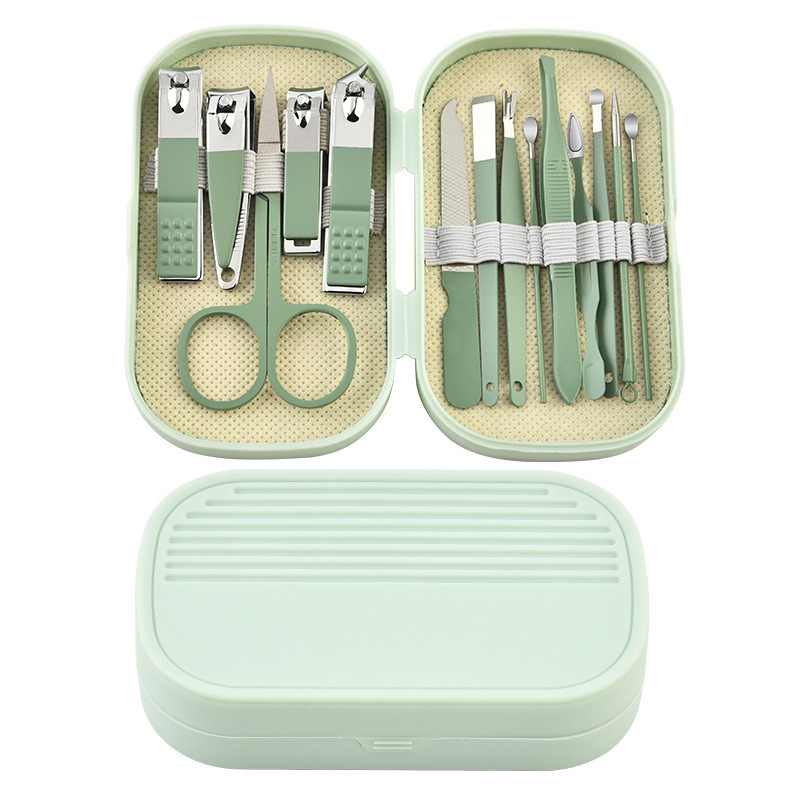 Juego de manicura y pedicura de lujo, tijeras de uñas de acero inoxidable rosa y azul, cortauñas, cuchara para excavación de orejas para hombres y mujeres, 14 piezas: Verde claro