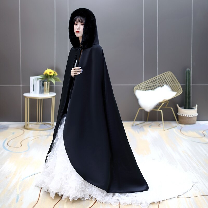 Wijn Rode Bridal Cloaks Hooded Faux Fur Floor Lange Warme Herfst Winter Bruiloft Cape Bruid Accessoires: Black