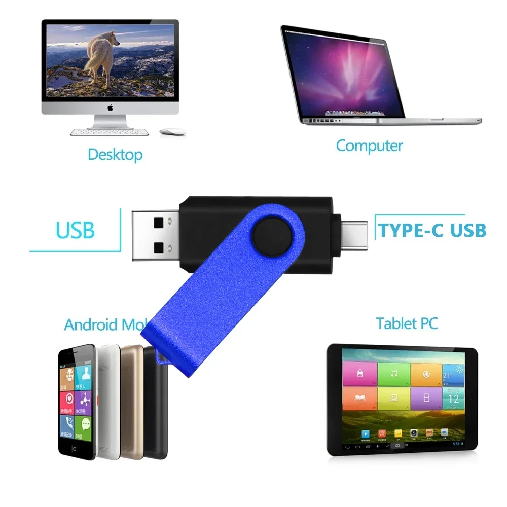 Unidade flash usb rotativa 128gb 32gb 16gb pen drive 256gb pendrive 64gb 4g otg 2 em 1 memória usb vara tipo c usb 2.0