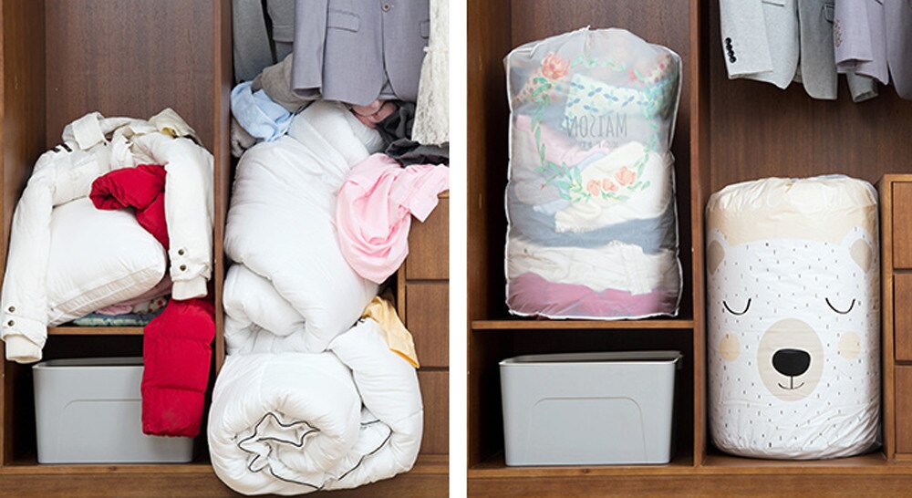 Foldbar opbevaringspose tøj tæppe dynet skab sweater arrangør boks poser armario organizador