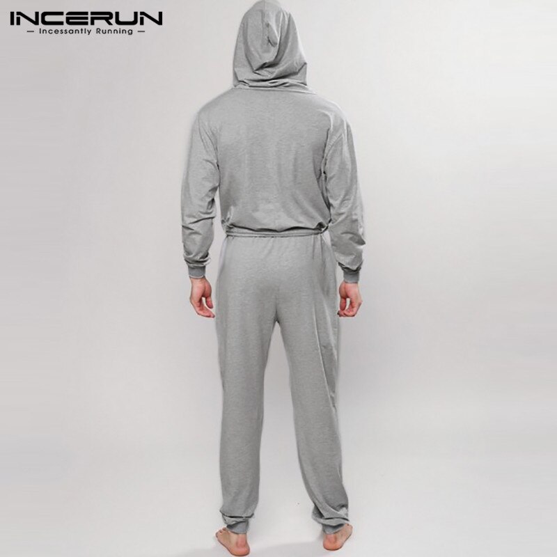 Leisure Solid Jumpsuits Sleepwear INCERUN Men Long Sleeve Buttons Hooded Drawstring Rompers Nightgown Loose Pockets Homewear 5XL