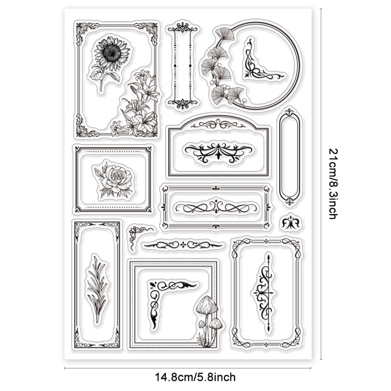 Sellos transparentes de borde botánico, formas mixtas para hacer tarjetas, rosas, setas, esquina de encaje, sellos transparentes de 5,83x8,27 pulgadas, 1 ud.: Blanco