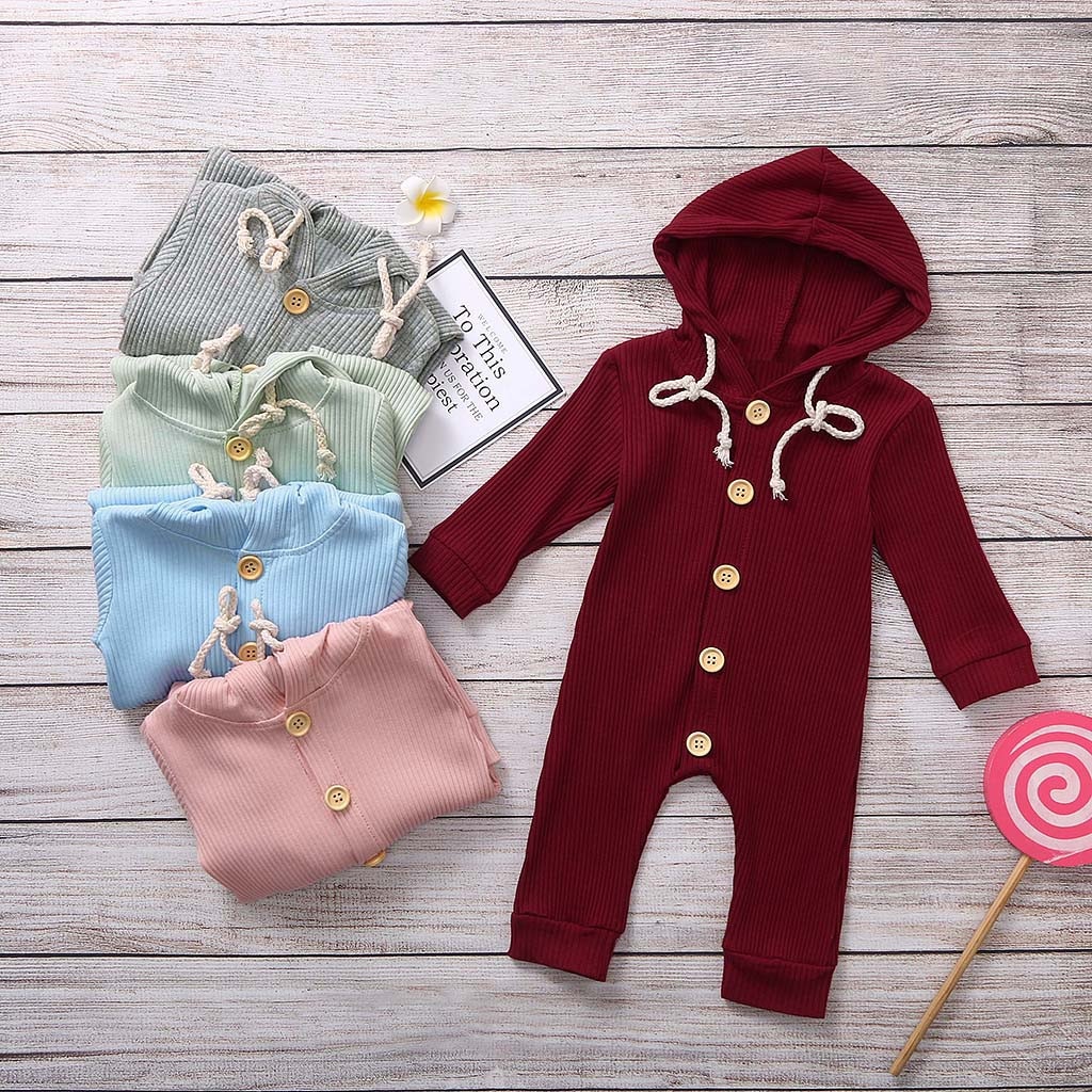 Baby Romper Girl Hooded Button Solid Color Jumpsuit Costume Born Baby Clothes Onesie Toddler Kids Winter Clothes 19Sep