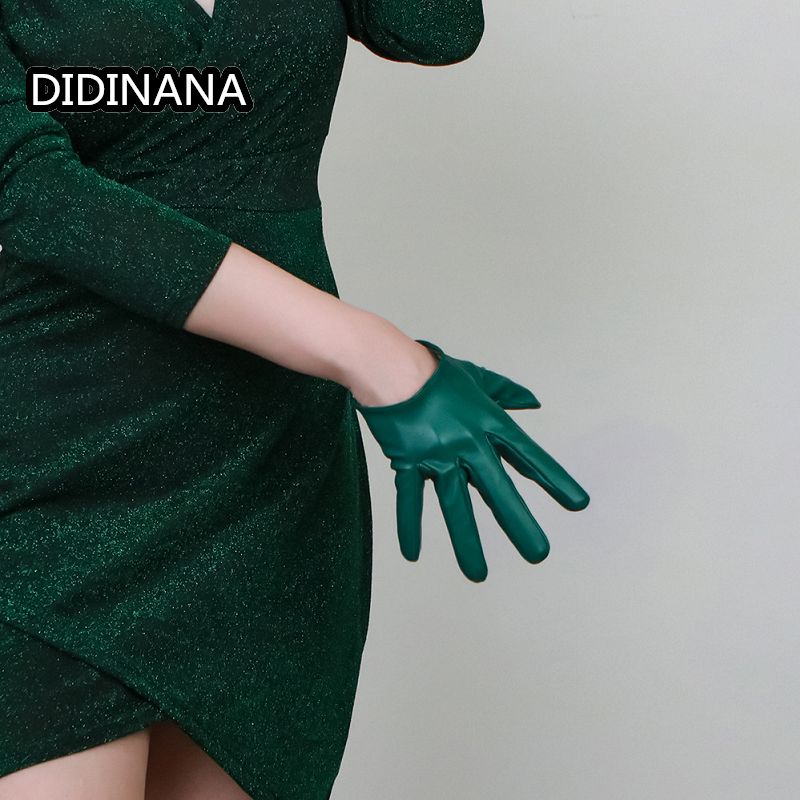 PU long leather gloves Gothic simulation leather female emerald dark green stick hand slimming performance photography