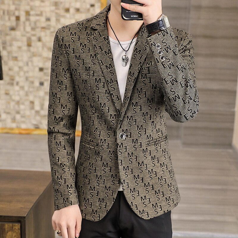 Full Print Blazers for Men Autumn Winter Casual Suit Jacket Slim Wedding Business Dress Coat Street Wear Social Blazer Masculino