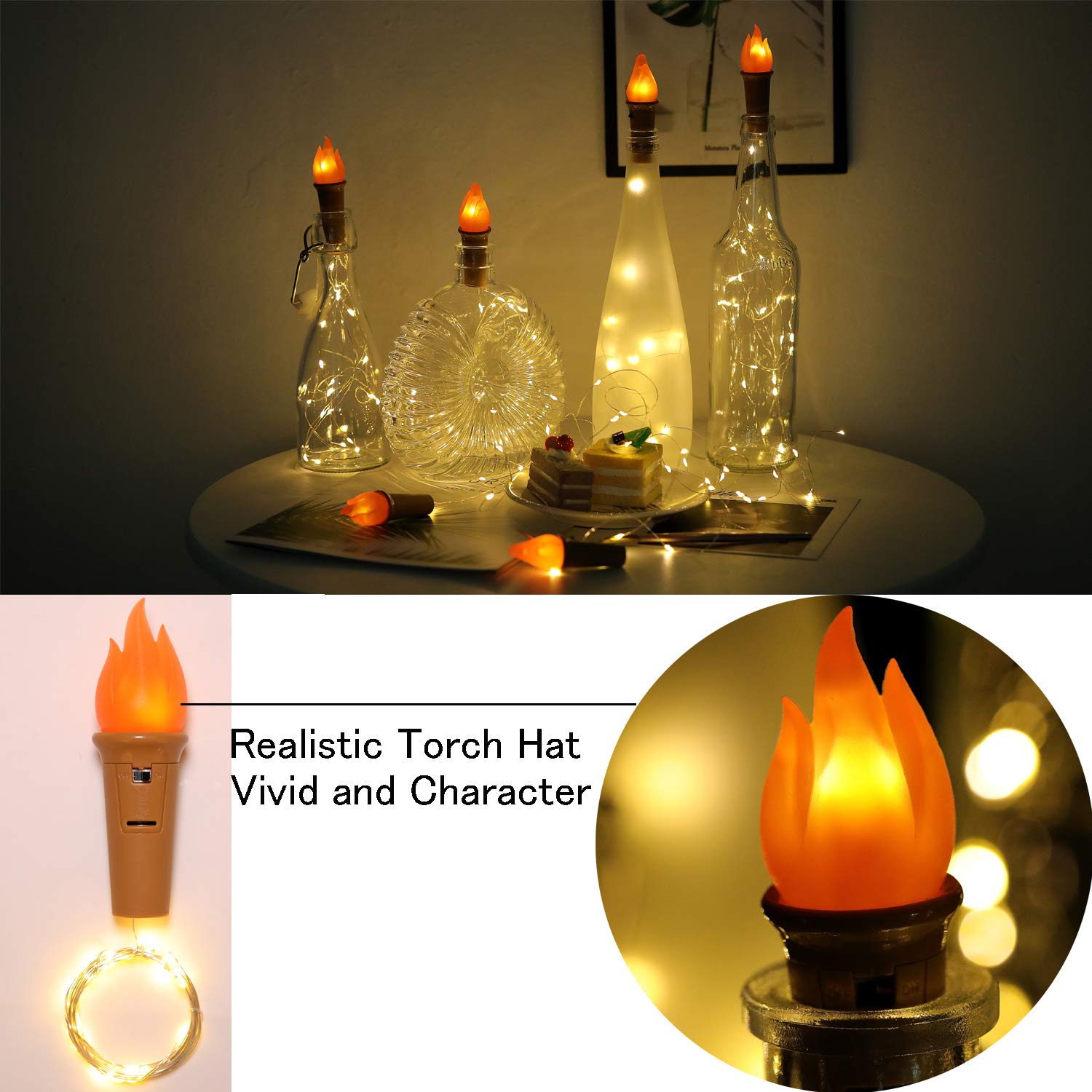 Luces de botella con forma de antorcha y corcho, 20 luces led para botella de vino, cadena de luces con batería, alambre de cobre, luces de hadas estrelladas, decoración para fiestas navideñas.