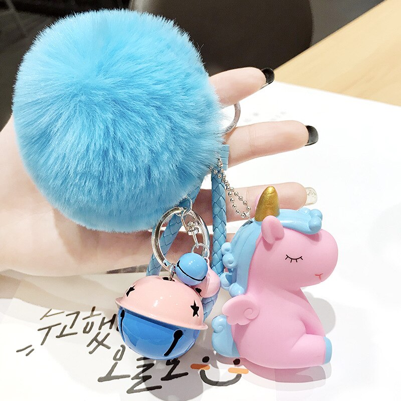 hiver coloré ceinture corde pompon lapin fourrure boule licorne avec cloches moelleux lapin porte-clés femmes sac pendentif voiture porte-clés: Pompom3