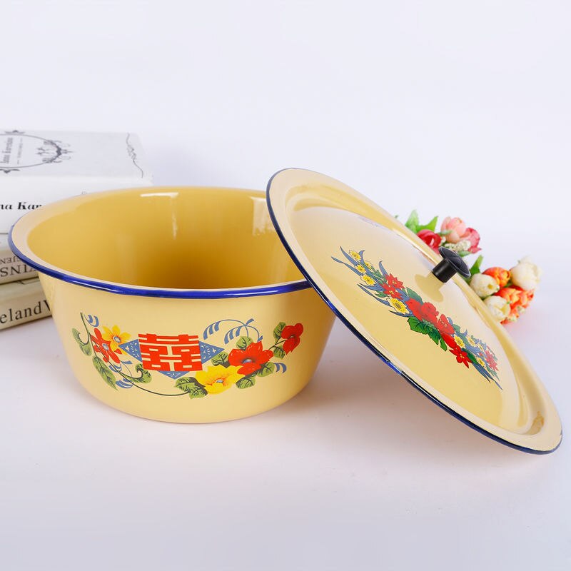 Enamel Filling Retro Enamel Pot Bowl with Lid Soup Pot Cooking Pot Deepening Dishwashing Dish Basin Fruit Plate Pattern Random