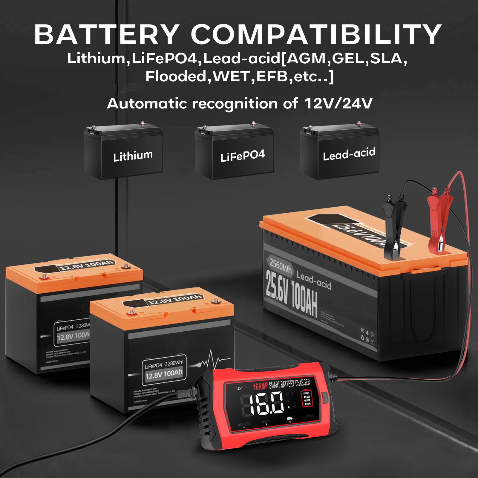 Caricabatteria per auto di riparazione universale 12V 16A 24V/10A Caricatore per moto di riparazione intelligente per batteria al piombo AGM gel LiFePO4