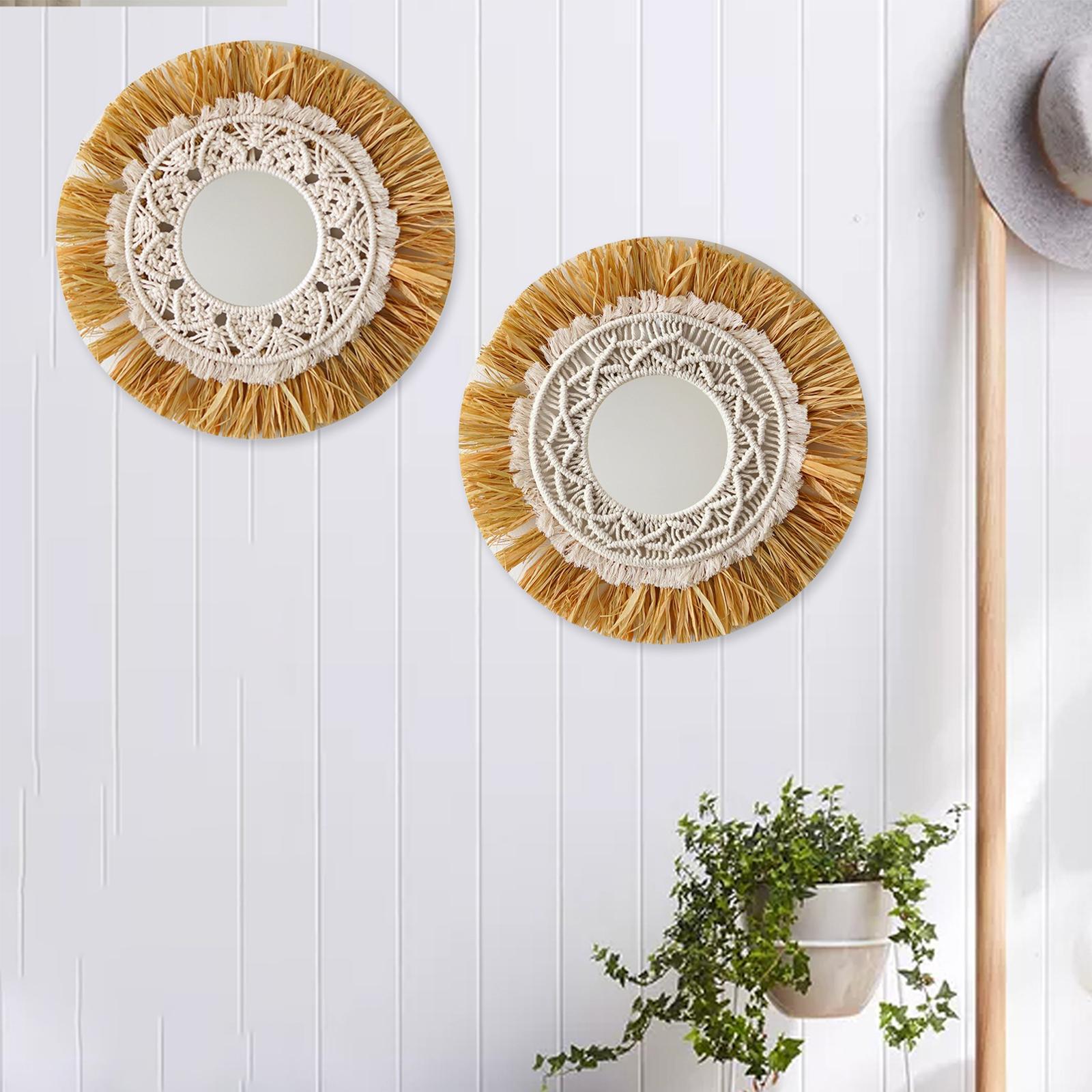Boho Raffia Wall Hanging Mirror Macrame Nordic Mirrors Apartment Decoration