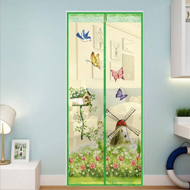 Hands-free Magnetic Mosquito Net Door Net Anti Fly Insect Mosquito Door Screen Anti-mosquito Magnetic Curtain Mesh For Door: Green windmill / 100X210cm