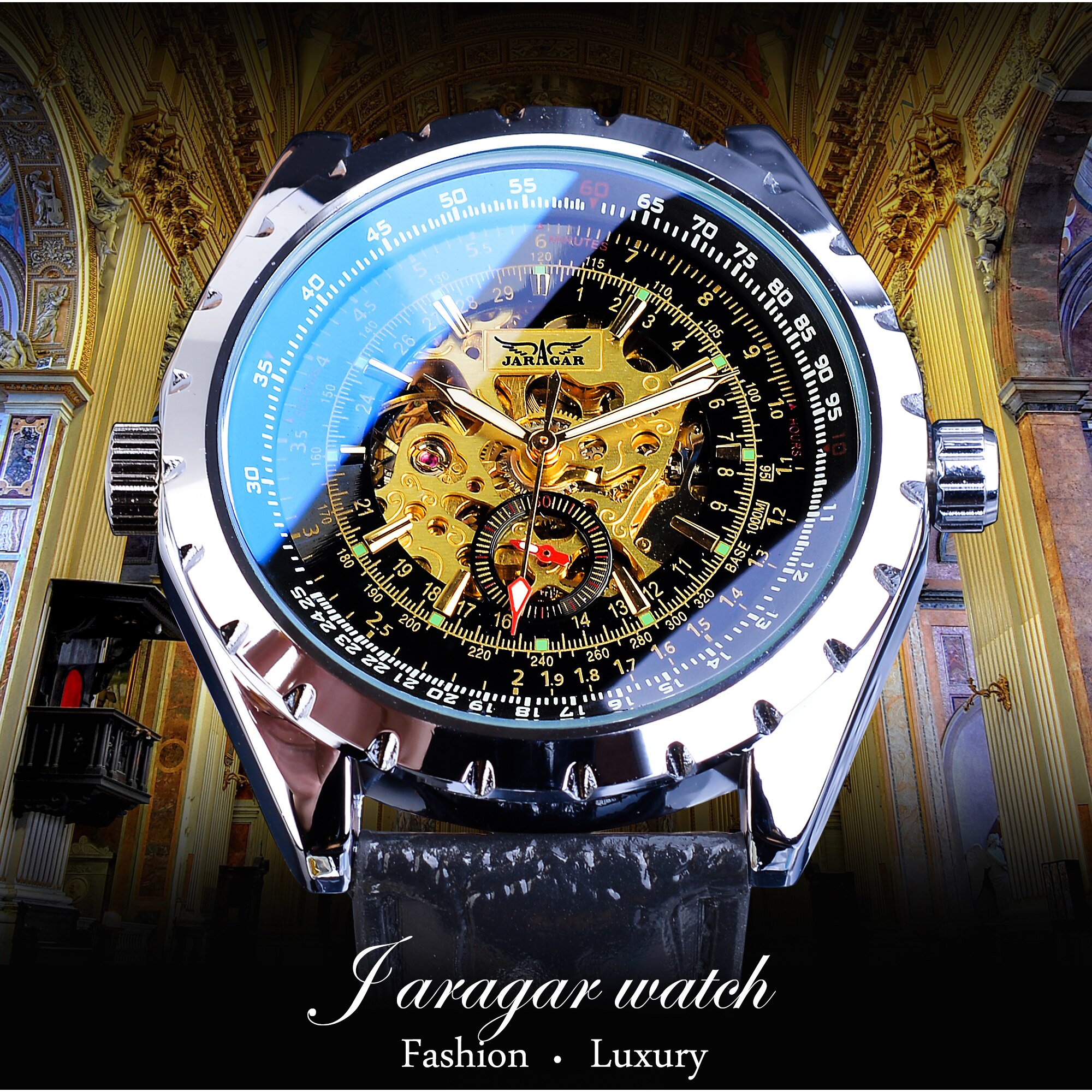 Jaragar Zwart Gouden Zaken Mens Watch Skeleton Automatische Self-Wind Mechanische Sport Lederen Band Horloge Relogio Masculino
