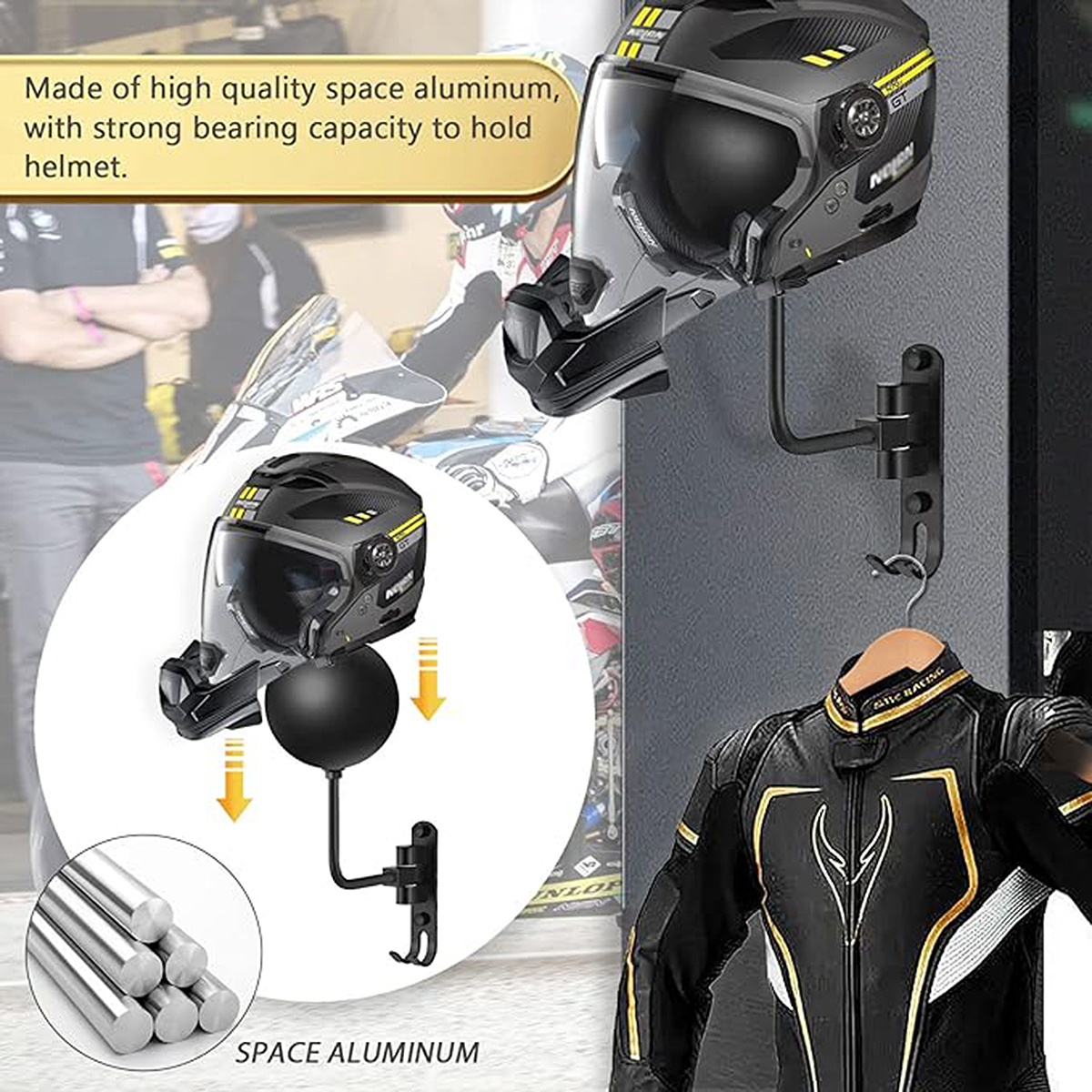 Soporte para casco de motocicleta Montaje en pared Rotación de 180° Fútbol americano Portacascos de bicicleta Con 2 ganchos Casco Soporte para colgar exhibición para gorras